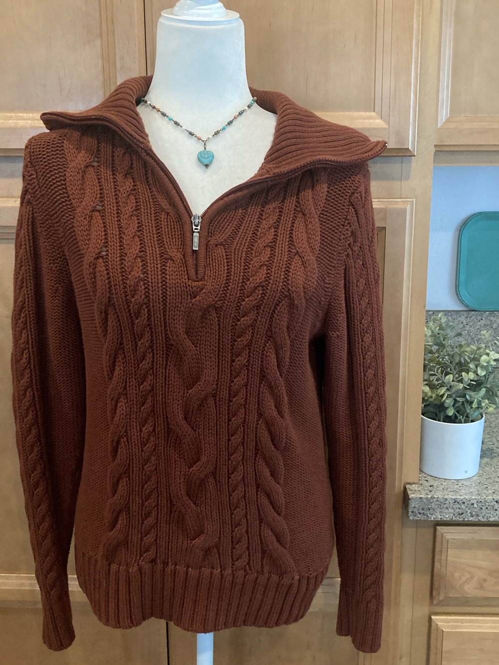 L.L. Bean Cable-Knit Half-Zip100% Cotton Sweater - Brown